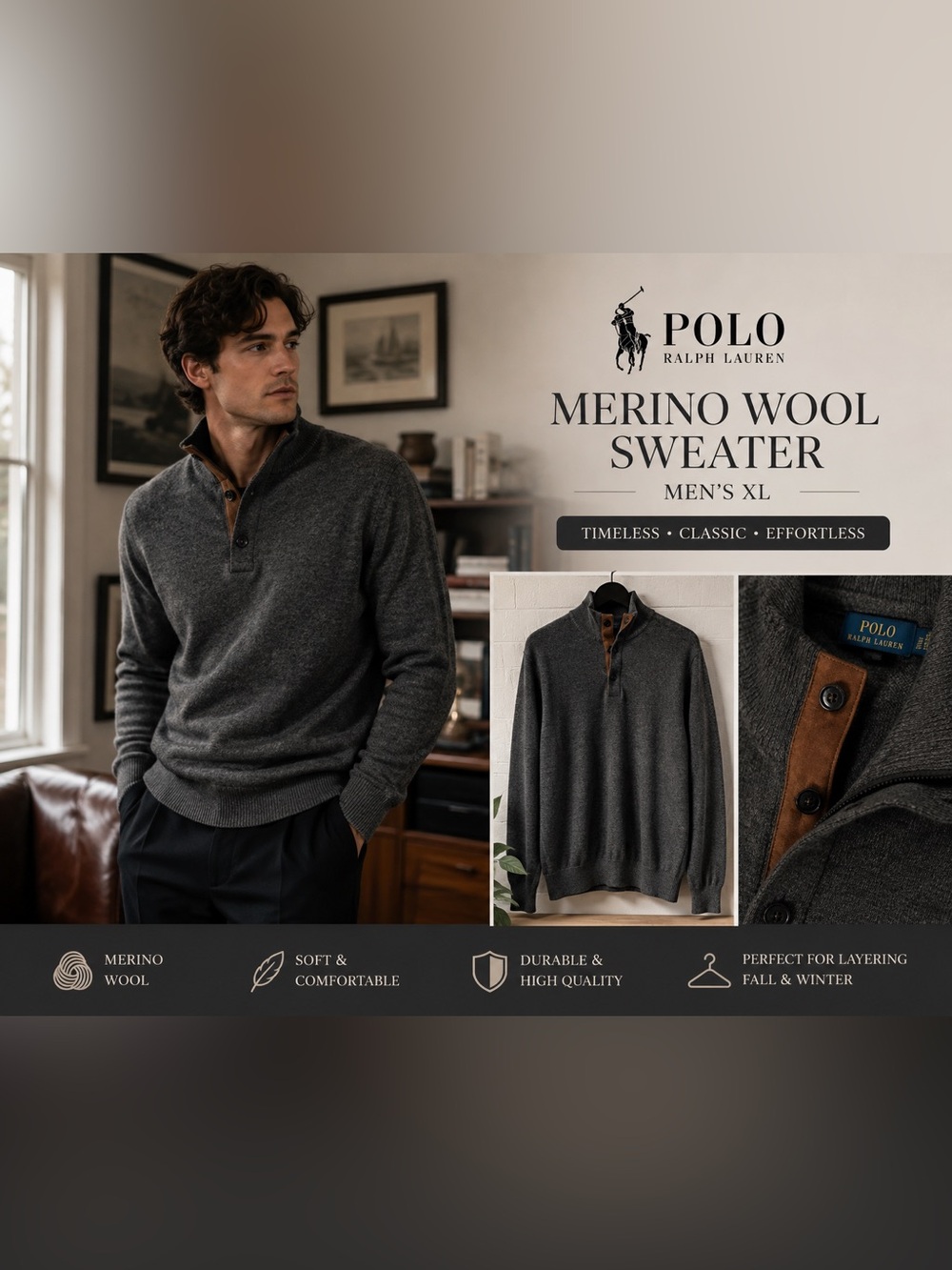 Polo Ralph Lauren Men's Dark Charcoal Merino Wool Zip-Up Sweater XL